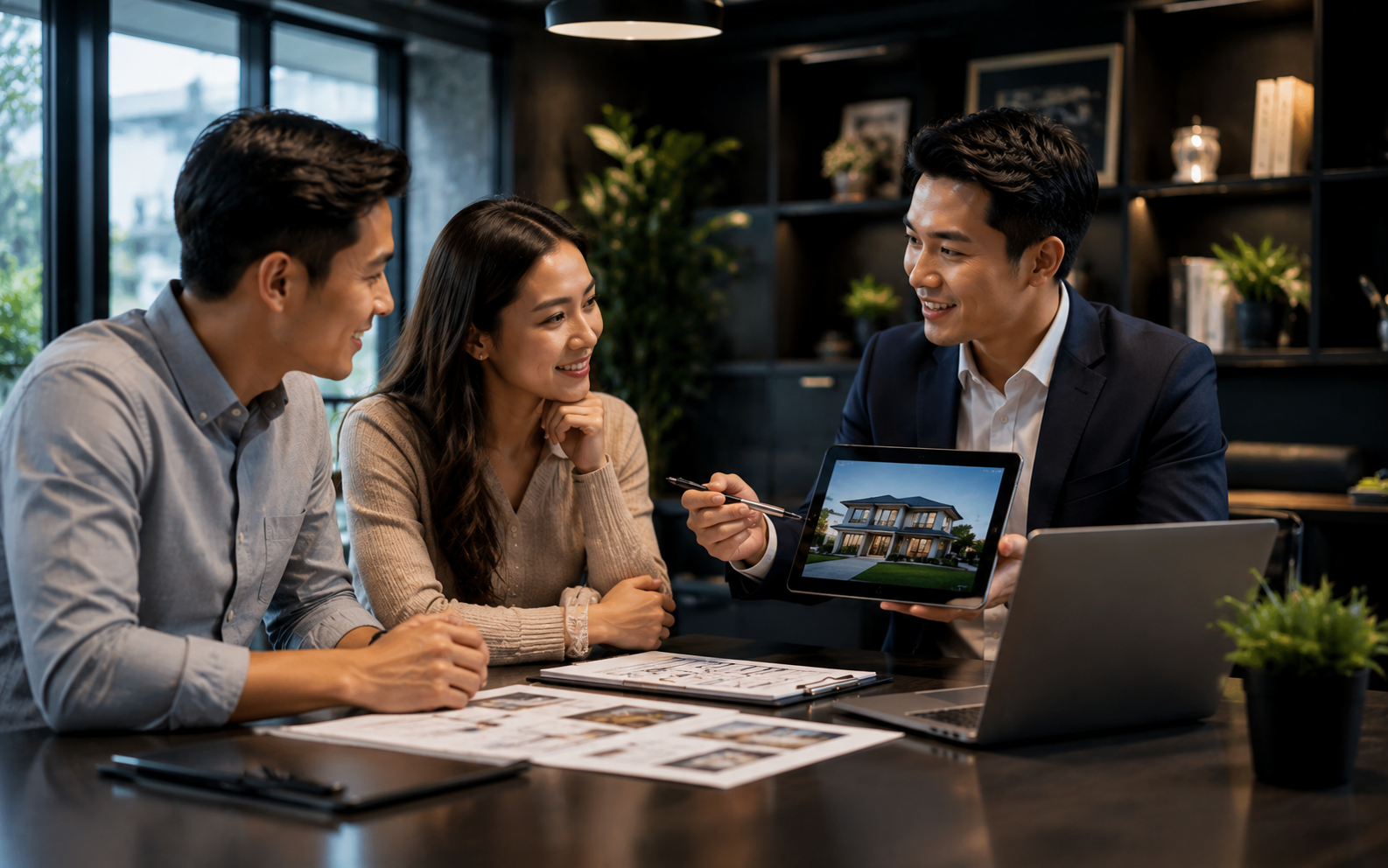Real estate professional presenting a property listing to clients