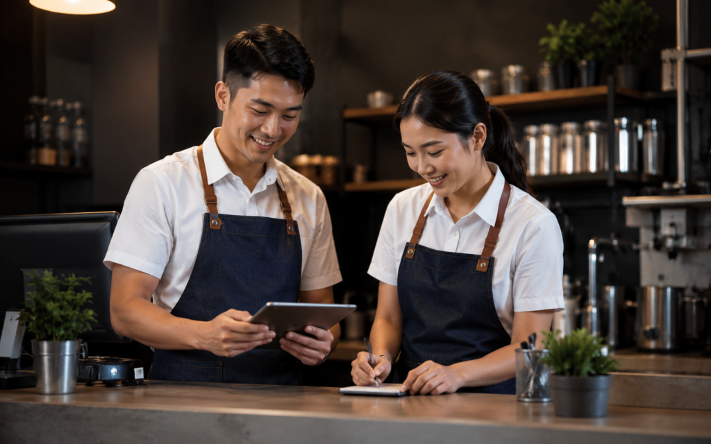 Local service business owners working in a professional workspace