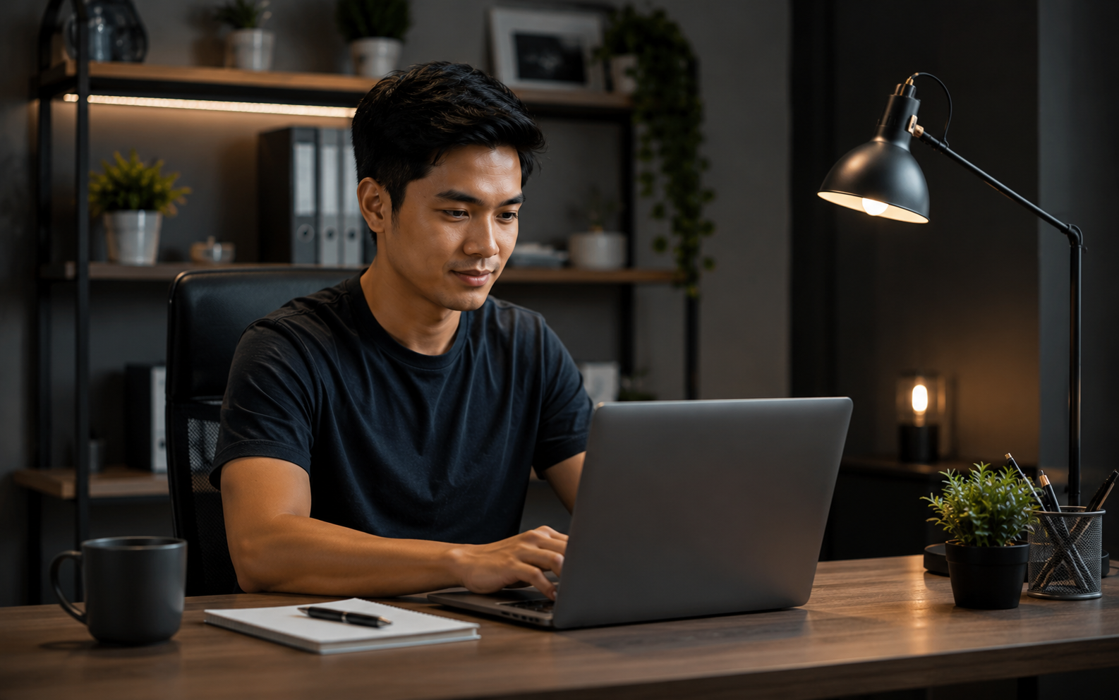 Website owner working on a laptop in a modern office